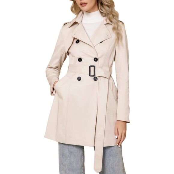 Jackets & Blazers - Women's Beige Trench Coat Classic Double Breasted Lapel Windbreak Midi Outerwear